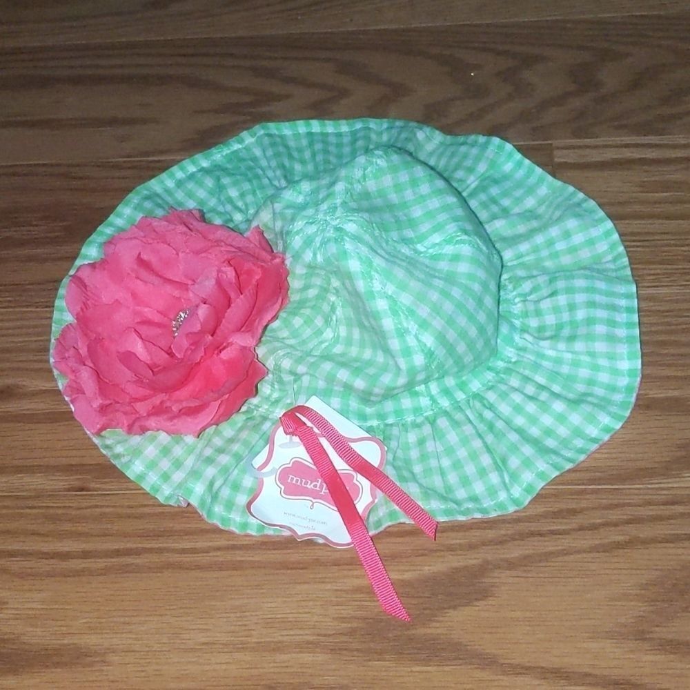 Mudpie pink green gingham flower sun hat Sz 0-12 m NWT
